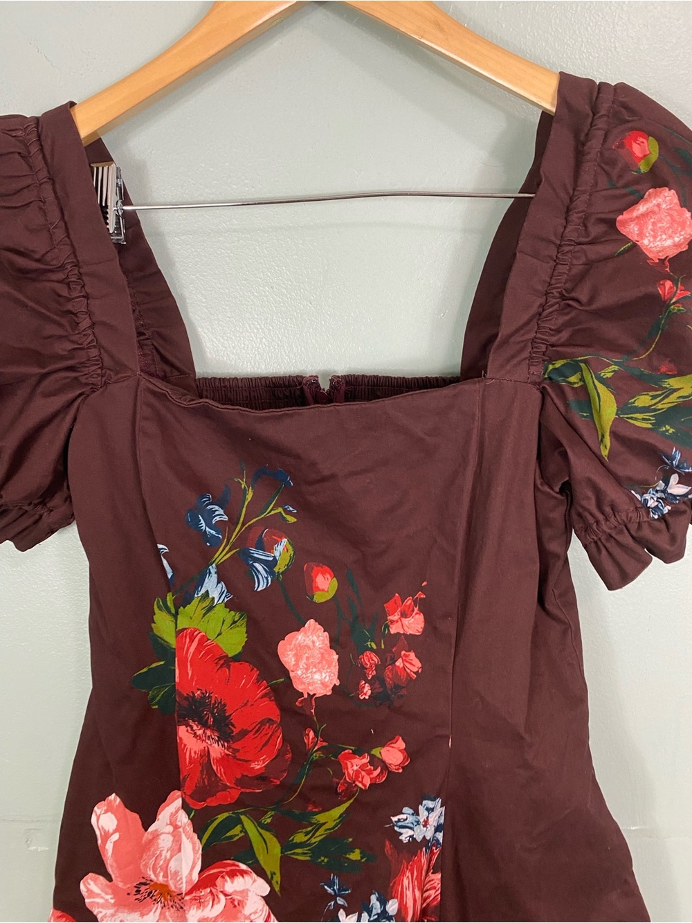 Anthropologie Maeve Puff Sleeve Square Neck Floral Mini Dress Floral Maroon Sz S - Picture 3 of 11